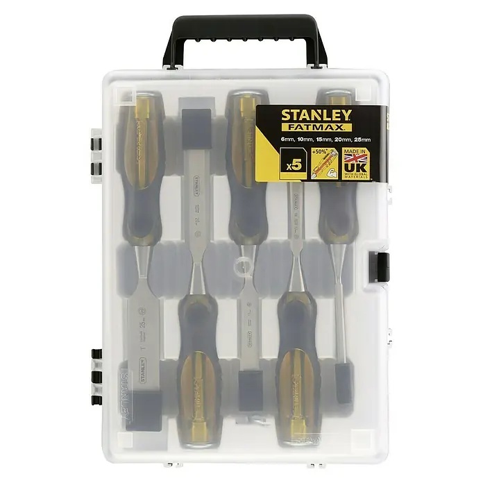 Stanley FatMax Stechbeitelsatz 2-16-271 - 5 -tlg., Klingenbreite 6/10/15/20/25 mm - Ein Stanley FatMax Stechbeitel Set in einer transparenten Kunststoffbox mit fünf verschiedenen Größen.