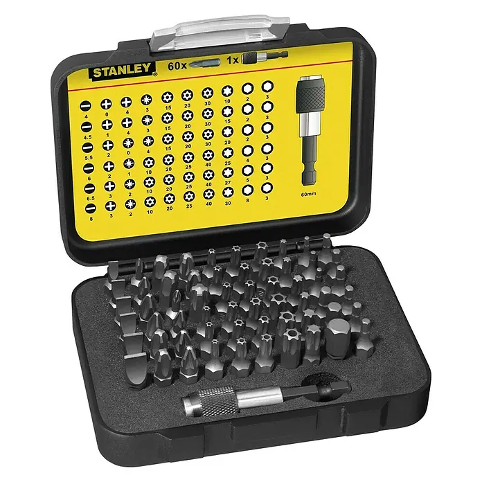 Stanley Bit-Set 1-13-902 - 61 -tlg. - Ein Stanley 60x Schraubendreher-Bit-Set, ideal für vielfältige Schraubarbeiten. Kompakte Aufbewahrung und umfassende Auswahl an Bits.