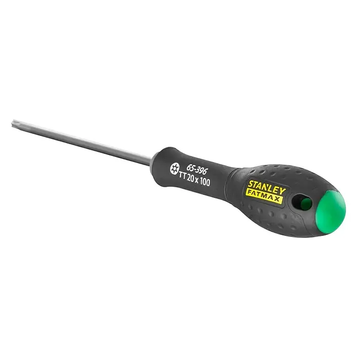 Stanley FatMax SchraubendreherTX 20, Klingenlänge: 100 mm - Stanley Fatmax Torx Schraubendreher. Der Schraubendreher ist schwarz mit einem grünen Akzent und einem gelben Stanley Fatmax Logo.