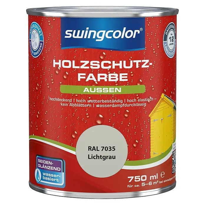 swingcolor Holzschutzfarbe - Lichtgrau, 750 ml, Seidenglänzend - Dose Swingcolor Holzschutzfarbe für Aussen, Farbton Lichtgrau RAL 7035, 750ml, wasserbasiert, seiden-glänzend.