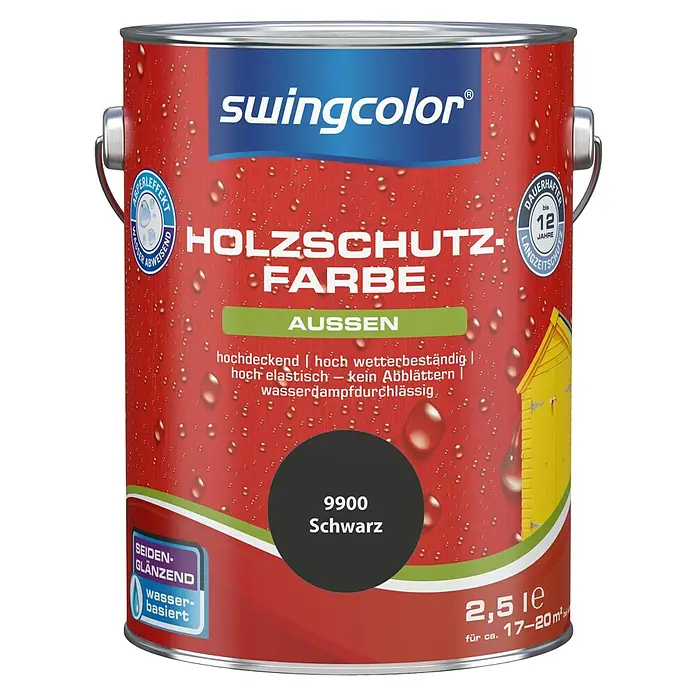 swingcolor Holzschutzfarbe - Schwarz, 2,5 l, Seidenglänzend - Farbdose Swingcolor Holzschutzfarbe Aussen, 2,5 l, Farbe 9900 Schwarz, seiden-glänzend, wasserbasiert, für den Aussenbereich.
