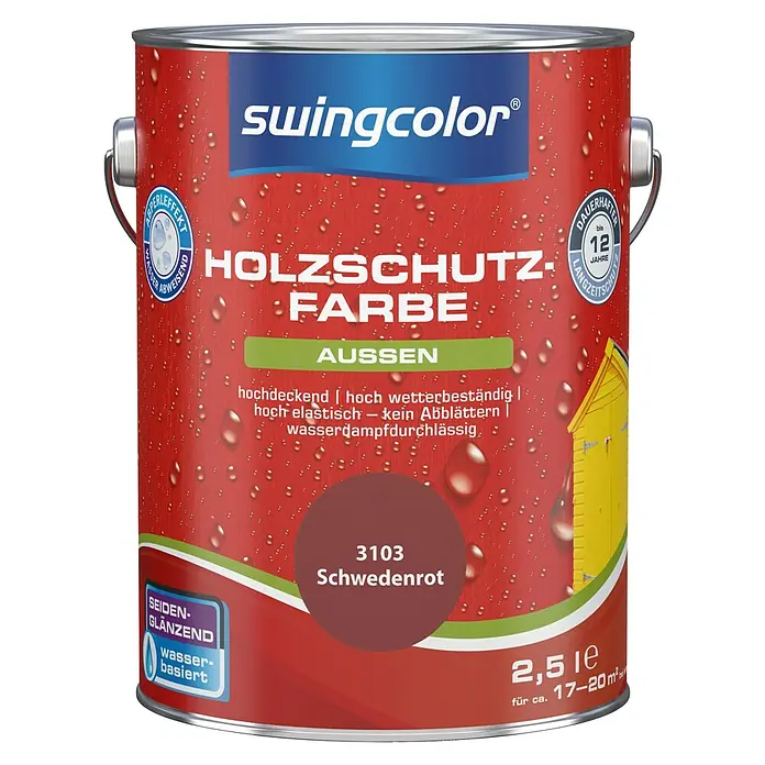 swingcolor Holzschutzfarbe - Schwedenrot, 2,5 l, Seidenglänzend - Dose Holzschutzfarbe Schwedenrot von Swingcolor für den Außenbereich, hochdeckend und wasserdampfdurchlässig, für bis zu 12 Jahre Schutz.