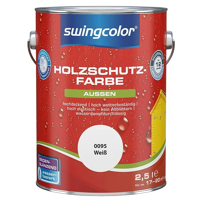 swingcolor Holzschutzfarbe - Weiß, 2,5 l, Seidenglänzend - Dose Swingcolor Holzschutzfarbe, Farbe Weiß, 2,5 l, für den Außenbereich, schützt das Holz langanhaltend und ist wasserabweisend.