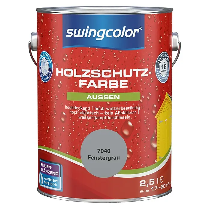 swingcolor HolzschutzfarbeFenstergrau, 2,5 l, Seidenglänzend, Wasserbasiert - Abbildung einer Dose Swingcolor Holzschutzfarbe, Farbton 7040 Fenstergrau, seiden-glänzend, wasserbasiert, für den Außenbereich.
