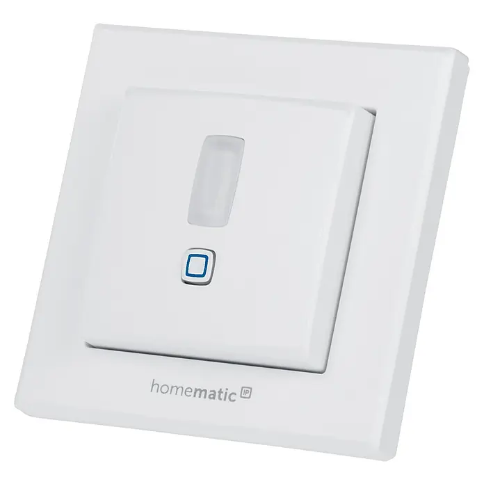 Homematic IP Bewegungsmelder HmIP-SMI55-2 - Weiß, Batteriebetrieben, 150 m - Nahaufnahme eines Homematic IP Wandschalters mit quadratischer Blende und Bedienelementen.
