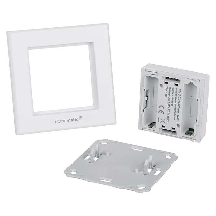 Homematic IP Bewegungsmelder HmIP-SMI55-2 - Weiß, Batteriebetrieben, 150 m - Abgebildete Homematic IP Komponenten: Bewegungsmelder für 55mm Rahmen, Innenteil mit Batteriefach und Abdeckung.