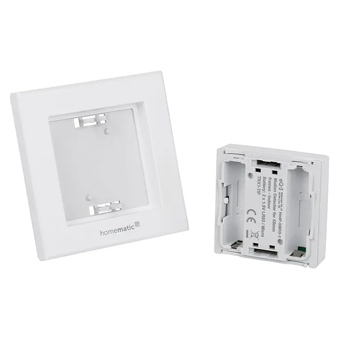 Homematic IP Bewegungsmelder HmIP-SMI55-2 - Weiß, Batteriebetrieben, 150 m - Abgebildete Homematic IP SMI55-2 Bewegungsmelder-Komponenten: Ein Rahmen und ein Batteriefach für eine einfache Installation.