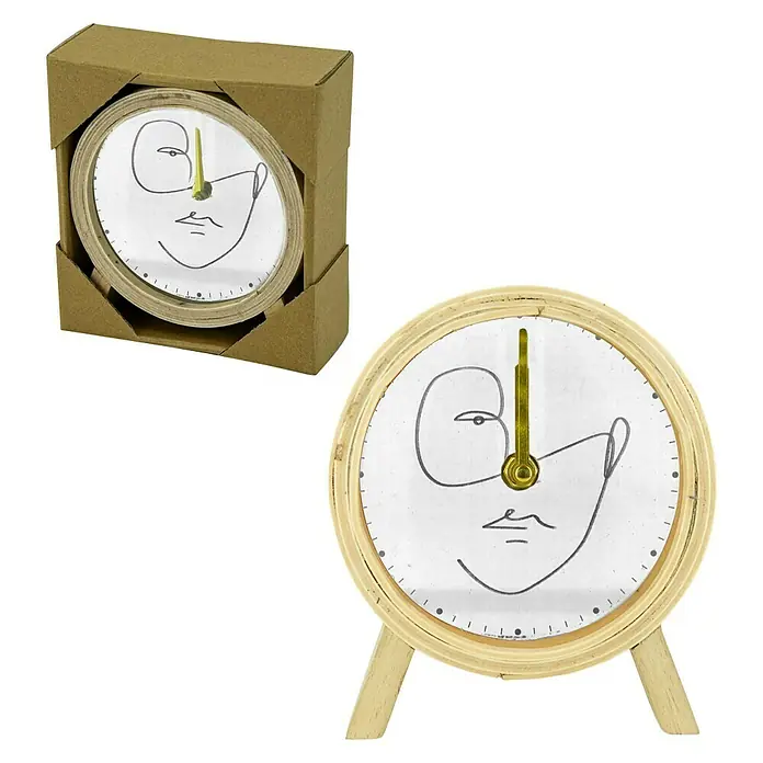 Standuhr Face - Weiß - Tischuhr mit minimalistischem Gesichtsmuster und Holzrahmen, sowohl in Verpackung als auch aufgestellt dargestellt.