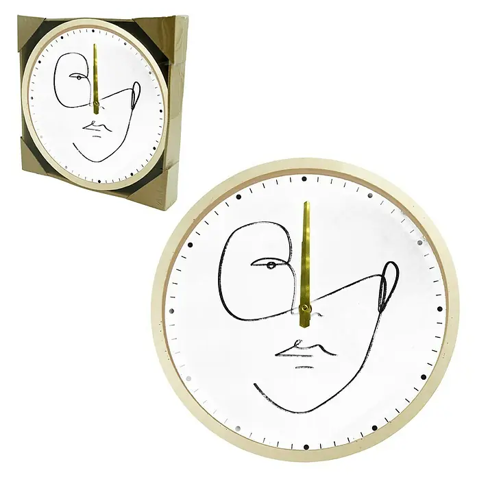Wanduhr Face - Durchmesser: 30 cm, Weiß - Moderne Wanduhr mit abstraktem Gesichtsmuster und goldenen Zeigern, ideal für stilbewusste Wohnräume und als dekoratives Element.