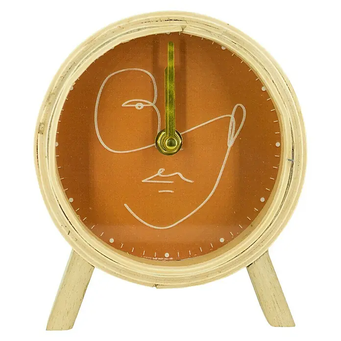 Standuhr Face - Terrakotta - Dieser Tischuhr besticht durch ein abstraktes Gesicht auf orangefarbenem Zifferblatt und goldenen Zeigern, perfekt für stilbewusste Akzente.