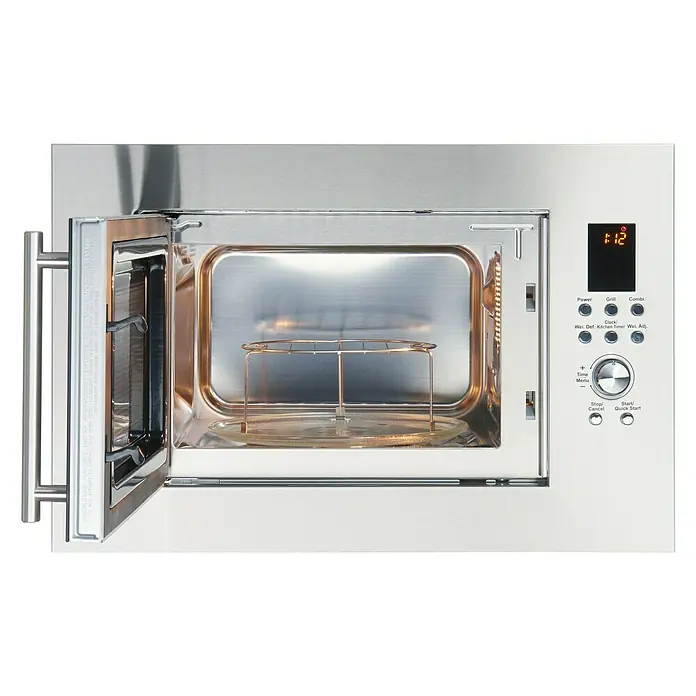 PKM Einbau-Mikrowelle MW900-23G-IN - Max. Leistung: 1.000 W, 23 l, Edelstahl - Offener Mikrowellenherd in Silber mit Grillrost und digitaler Anzeige. Das Gerät verfügt über verschiedene Funktionen und ein modernes Design.