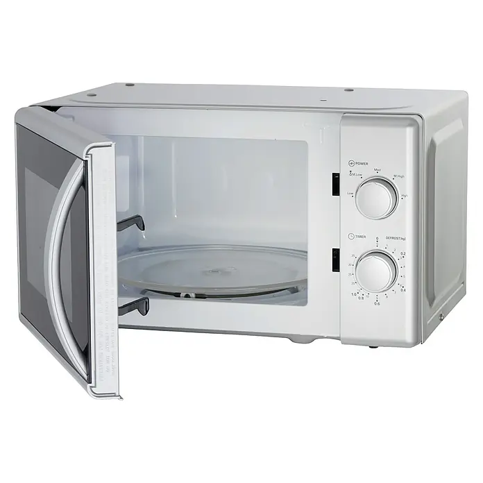 PKM Einbau-Mikrowelle MW700-20 UB2 - Max. Leistung: 700 W, 20 l, Silber - Ein offener, weißer Mikrowellenherd mit Drehreglern und einer Drehteller im Innenraum, ideal für die schnelle Essenszubereitung.