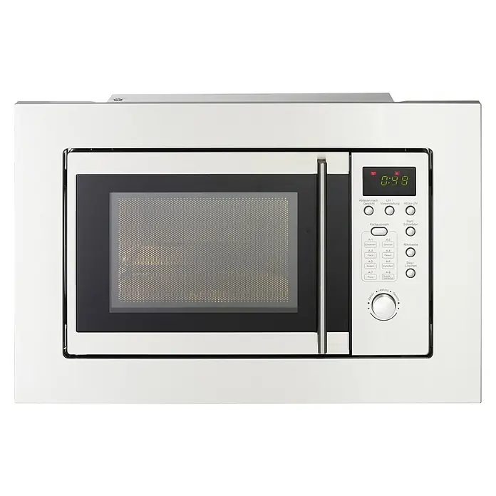 PKM Einbau-Mikrowelle MW800-20.8EB - Max. Leistung: 800 W, 20 l, Edelstahl - Nahaufnahme einer modernen, weißen Mikrowelle mit digitaler Anzeige und Drehknopf zur Leistungsregulierung.