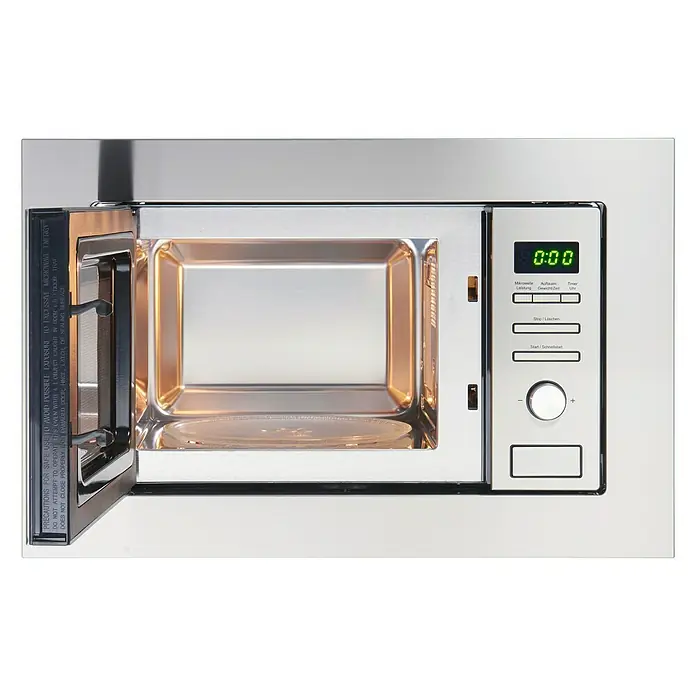 PKM Einbau-Mikrowelle MW820-EBM - Max. Leistung: 800 W, 20 l, Edelstahl - Offener, eingebauter Mikrowellenherd aus Edelstahl mit digitaler Anzeige und Bedienelementen.