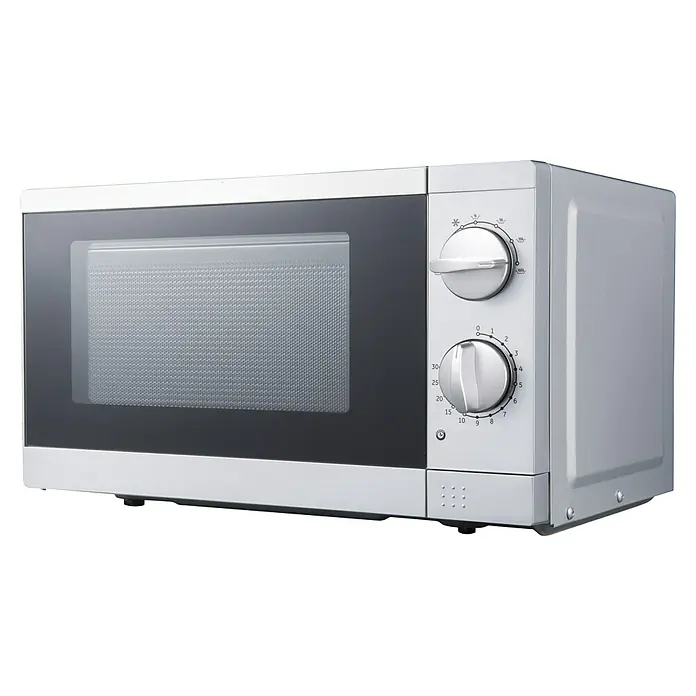 PKM Mikrowelle MW700-17 UB2 - Max. Leistung: 700 W, 17 l, Silber - Abgebildete Mikrowelle in Silber, mit zwei Drehknöpfen für Leistungsstufen und Zeit, ideal für schnelle Mahlzeiten und Aufwärmen.
