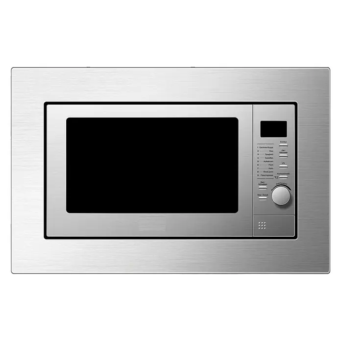 PKM Einbau-Mikrowelle MW800.8-20G-EB - Max. Leistung: 1.000 W, 20 l, Edelstahl - Silberfarbene Mikrowelle mit Bedienfeld rechts und großem Garraum. Das Gerät ist modern und funktional gestaltet.