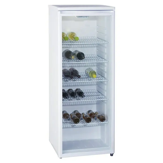 PKM Getränkekühlschrank GKS 255 - 58 x 55 x 143 cm, Weiß - Weißer Getränkekühlschrank mit Glasfront und mehreren Regalen, gefüllt mit verschiedenen Flaschen. Ideal für Gastronomie oder den privaten Gebrauch.