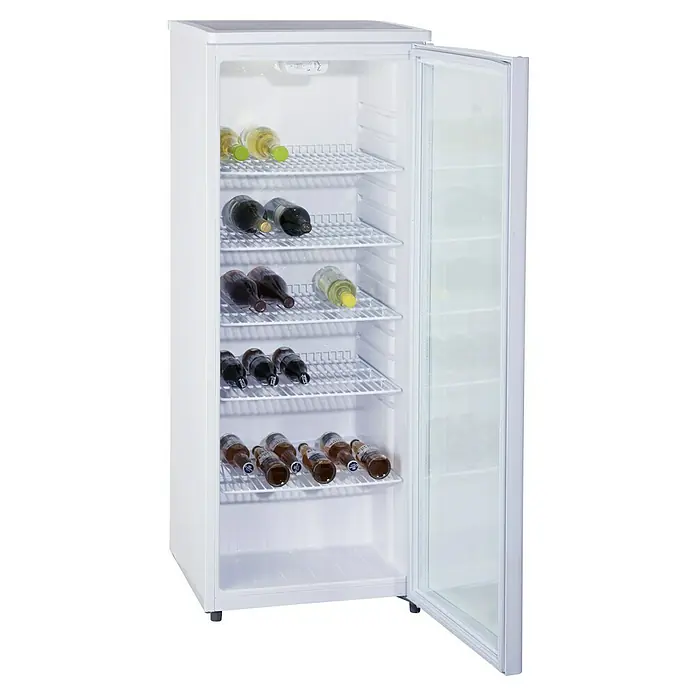 PKM Getränkekühlschrank GKS 255 - 58 x 55 x 143 cm, Weiß - Getränkekühlschrank mit Glasfront und mehreren Regalen, gefüllt mit Wein- und Bierflaschen zur optimalen Kühlung.