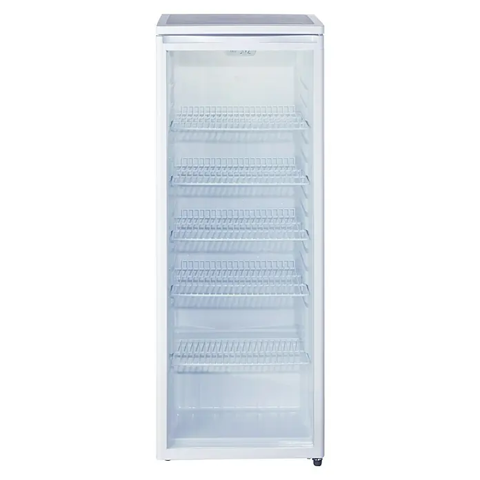 PKM Getränkekühlschrank GKS 255 - 58 x 55 x 143 cm, Weiß - Abbildung eines leeren, weißen Kühlschranks mit durchsichtiger Glastür und mehreren Regalböden, ideal für die Produktpräsentation.
