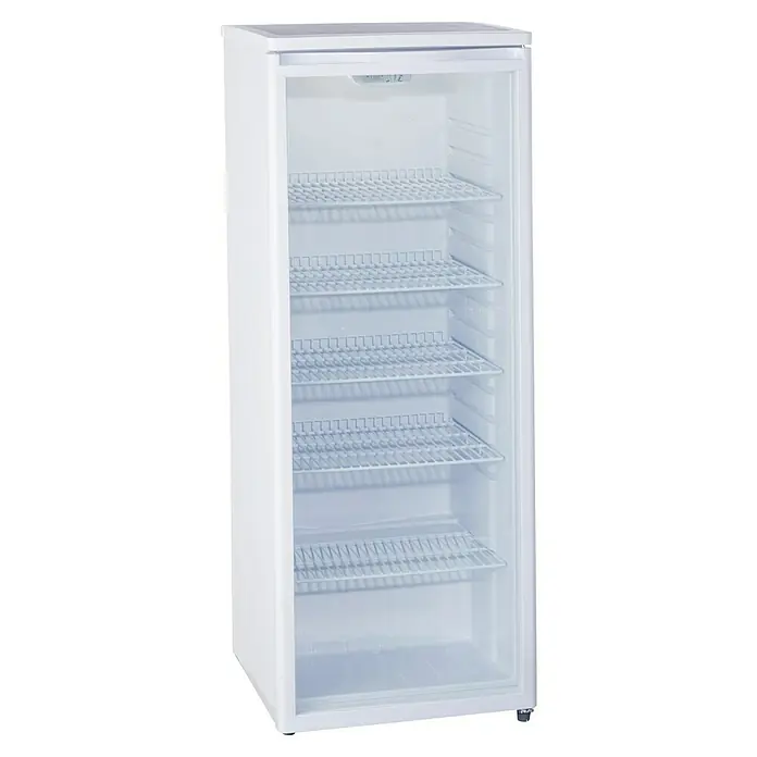 PKM Getränkekühlschrank GKS 255 - 58 x 55 x 143 cm, Weiß - Ein weißer Getränkekühlschrank mit Glastür und mehreren Regalen bietet ausreichend Platz für die Kühlung von Getränken.