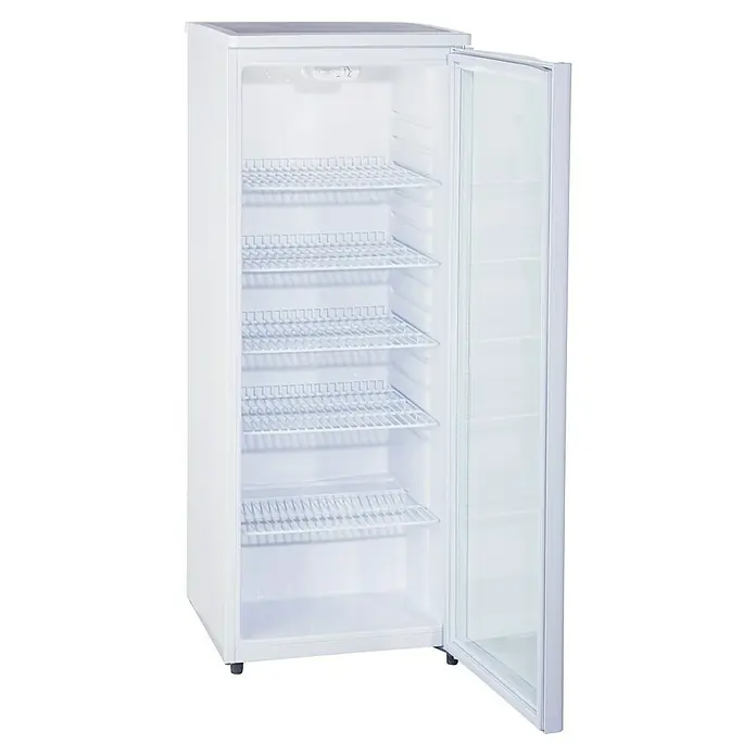 PKM Getränkekühlschrank GKS 255 - 58 x 55 x 143 cm, Weiß - Offener, weißer Kühlschrank mit Glasfront und mehreren Gitterböden. Ideal für die Präsentation und Lagerung von Produkten.