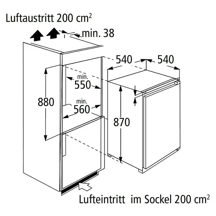 PKM Vollraumkühlschrank KS 130.0 EB - Nutzinhalt Gesamt: 129 l, 54 x 54 x 87 cm, Weiß - Produktbild mit den Maßen zweier Kühlschränke, Luftaustritt, Lufteintritt und den Mindestmaßen in cm.
