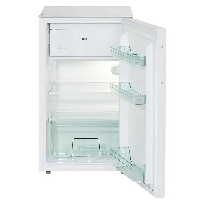 PKM Kühl-Gefrierkombination KS104.3EUB - Nutzinhalt Gesamt: 104 l, 55 x 49,1 x 83,5 cm, Weiß - Offener weißer Kühlschrank, leer, mit transparenten Innenablagen, Türfächern und einem kleinen Gefrierfach.