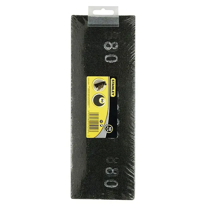 Stanley Schleifgitter - Körnung: 80, 300 x 105 mm, 10 Stk. - Nahaufnahme einer Packung Stanley Schleifgitter, Körnung 80, mit dem typischen gelb-schwarzen Stanley-Etikett, verpackt in durchsichtiger Folie.