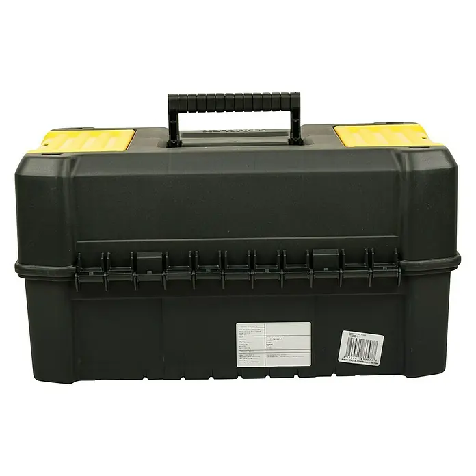 Stanley Werkzeugkasten ESSENTIAL™ Multi-Level Cantilever STST83397-1L x B x H: 25 x 49 x 29 cm, Kunststoff - Eine schwarze Werkzeugkiste mit gelben Akzenten und einem robusten Griff, ideal für die Aufbewahrung und den Transport von Werkzeugen.