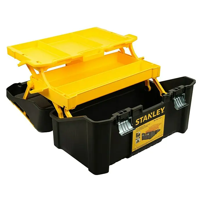 Stanley Werkzeugkasten ESSENTIAL™ Multi-Level Cantilever STST83397-1L x B x H: 25 x 49 x 29 cm, Kunststoff - Geöffnete Stanley Werkzeugkiste mit gelben Fächern und schwarzem Korpus, ideal für die Werkzeugaufbewahrung.