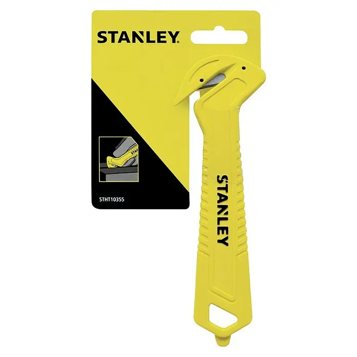 Stanley Sicherheitsmesser Light STHT10355-1Gebogen, 165 mm - Nahaufnahme des Stanley STHT10355 Teppichmessers, verpackt auf gelbem Karton, das Werkzeug präsentiert sich in hellem Gelb.