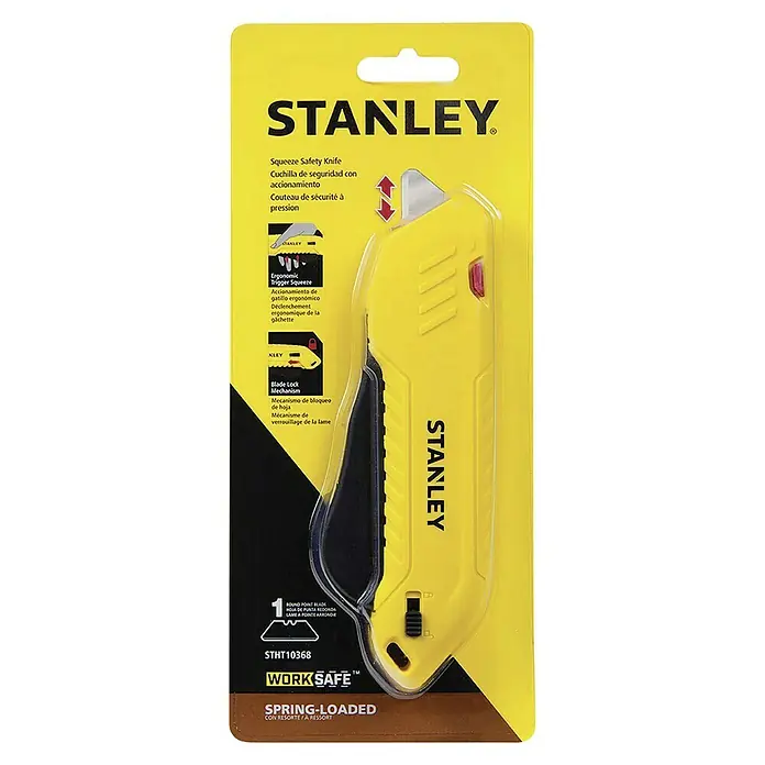 Stanley Sicherheitsmesser STHT10368-0 - Trapezklinge - Gelbes Stanley Squeeze Sicherheitsmesser mit abgerundeter Klinge, federbelastet und sicher verpackt.