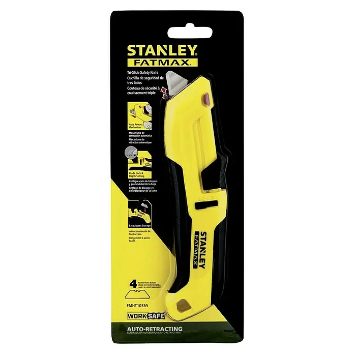 Stanley FatMax Sicherheitsmesser FMHT10365-0 - Trapezklinge - Das Stanley Fatmax Tri-Slide Sicherheitsmesser ist ein vielseitiges Werkzeug mit automatischer Klingenrückzugsfunktion.
