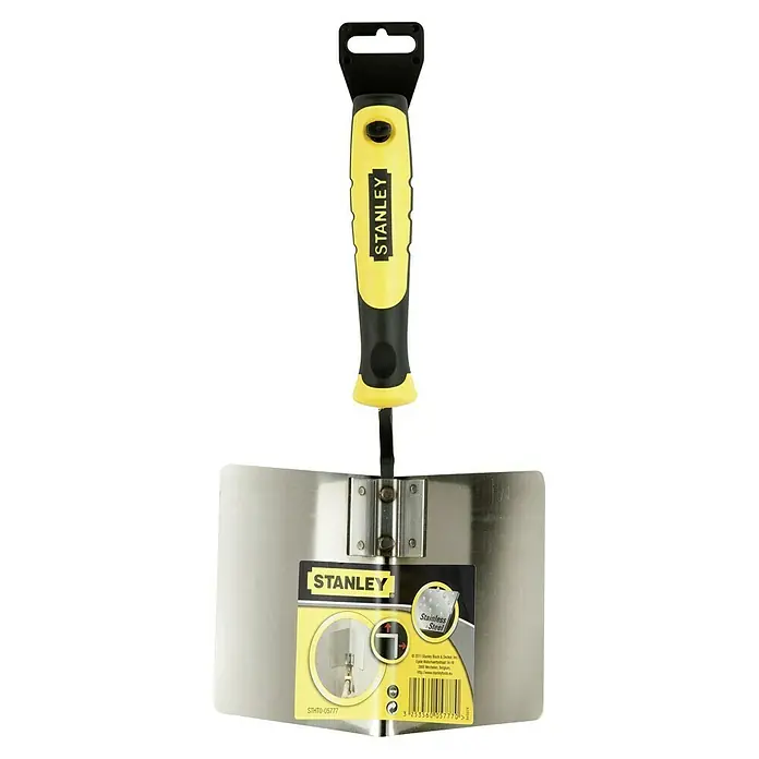 Stanley Inneneckenkelle STHT0-05777 - Stahl - Eine Nahaufnahme eines Stanley Edelstahl Eckspachtels mit gelb-schwarzem Griff, ideal zum Verputzen von Ecken.