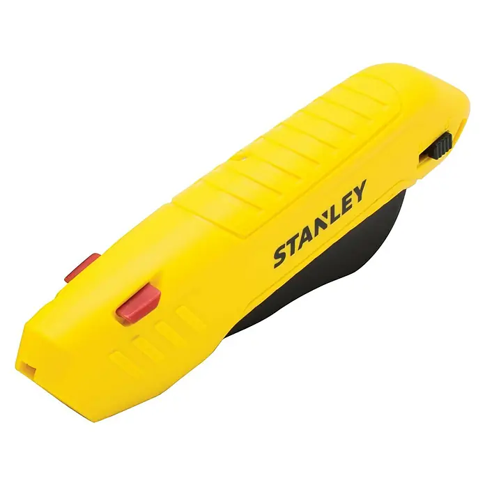 Stanley Sicherheitsmesser STHT10368-0 - Trapezklinge - Gelbes Stanley-Messer mit zwei roten Knöpfen und einem schwarzen Schieber.