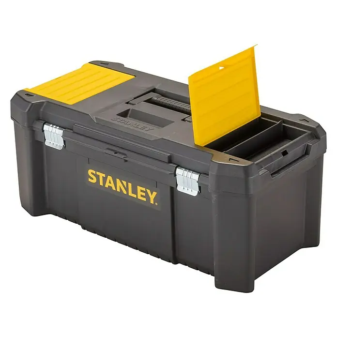 Stanley Werkzeugkasten ESSENTIAL™ STST82976-1B x L: 67 x 28 cm, Kunststoff - Ein grauer Werkzeugkasten von Stanley mit gelben Akzenten und einem gelben Fach, das geöffnet ist. Ideal zur Aufbewahrung von Werkzeugen.