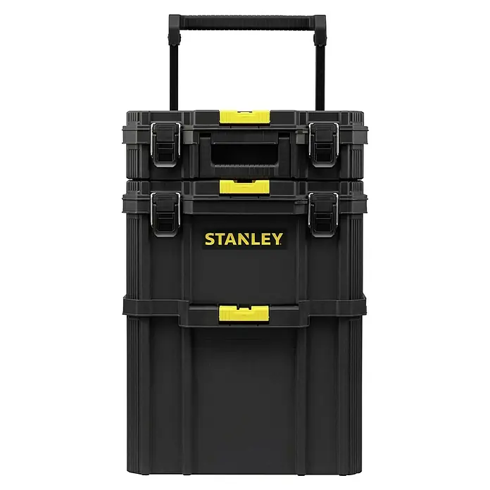 Stanley Werkzeugkoffer ESSENTIAL™ Quiklink Trolley STST83319-1 - L x B x H: 41 x 51,5 x 75,1 cm, Kunststoff - Schwarzer Stanley Werkzeugwagen mit gelben Akzenten und ausziehbarem Griff, ideal für den Transport von Werkzeugen.