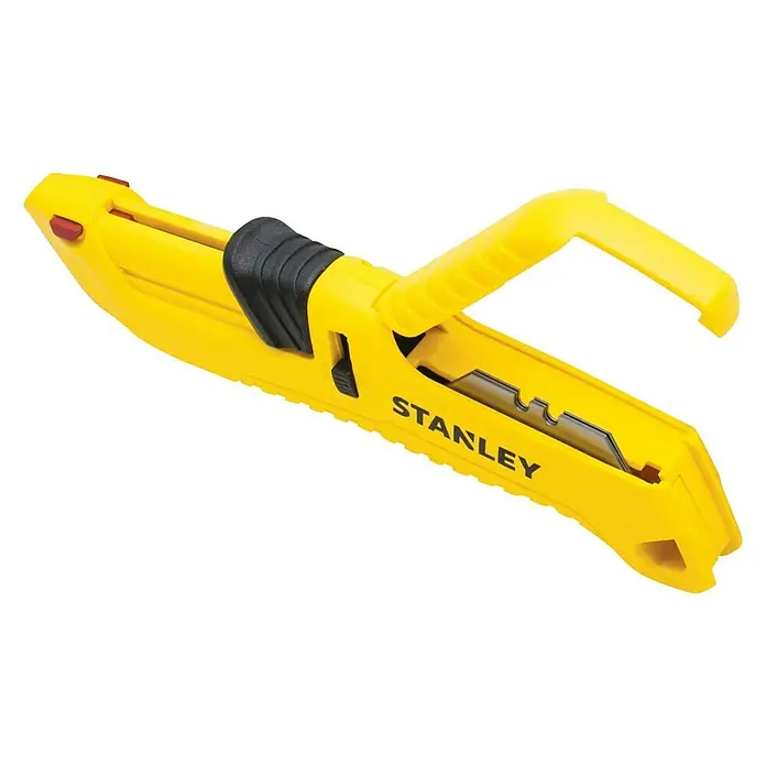 Stanley FatMax Sicherheitsmesser FMHT10365-0 - Trapezklinge - Ein gelbes Stanley-Messer mit einer schwarzen Griffpartie und einer Klinge. Das Messer liegt auf einem schwarzen Hintergrund.
