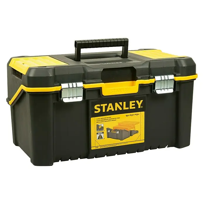 Stanley Werkzeugkasten ESSENTIAL™ Multi-Level Cantilever STST83397-1 - L x B x H: 25 x 49 x 29 cm, Kunststoff - Schwarzer und gelber Stanley Werkzeugkasten mit Tragegriff und Metallschnallen für den sicheren Transport von Werkzeugen.