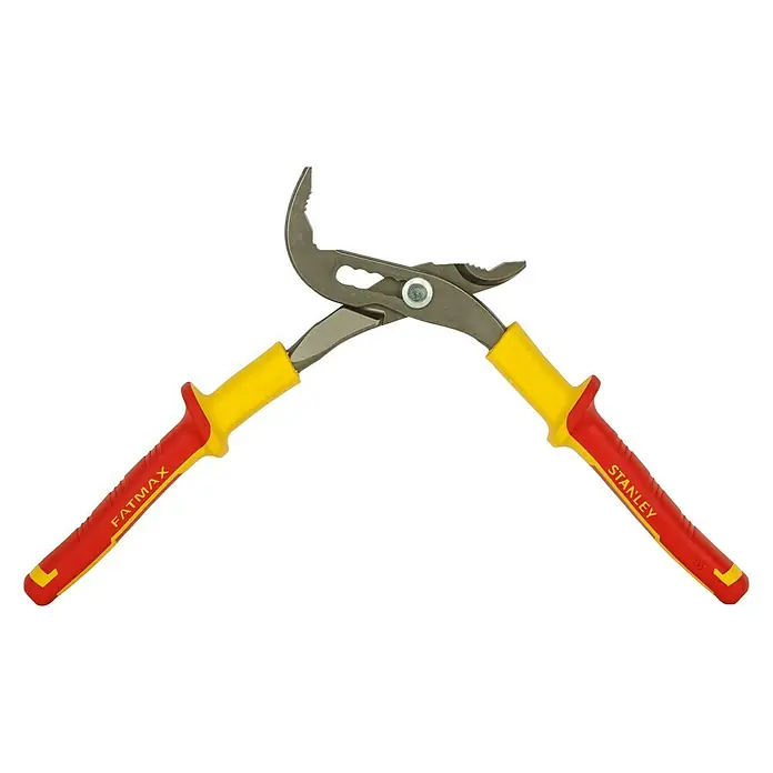 Stanley FatMax Wasserpumpenzange VDE 0-84-294 - Länge: 255 mm - Verstellbare Wasserpumpenzange von Fatmax und Stanley mit gelb-roten Griffen vor schwarzem Hintergrund.