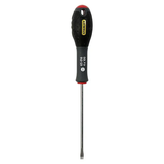 Stanley FatMax Schraubendreher - SL 4 mm, Klingenlänge: 100 mm - Nahaufnahme eines Schlitzschraubendrehers von Stanley mit schwarzem Griff und gelbem Logo, der für präzise Schraubarbeiten konzipiert ist.