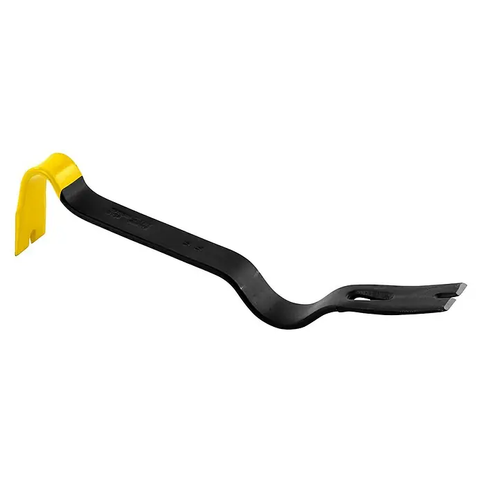 Stanley Präzisionseisen SUPER WONDER BAR 1-55-525 - 380 x 400 mm - Nahaufnahme eines schwarzen Brecheisens mit gelbem Griff. Ein Werkzeug, das für Hebelarbeiten und zum Entfernen von Nägeln verwendet wird.
