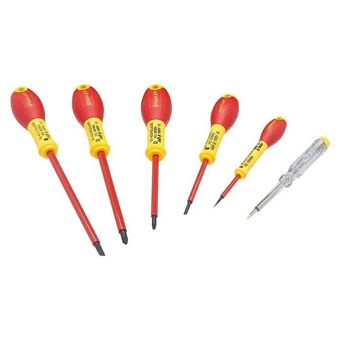 Stanley FatMax Schraubendreher-Set 0-65-443 - 6 -tlg. - Satz isolierter Schraubendreher von Stanley, ideal für Elektroarbeiten, mit verschiedenen Größen und Typen für optimale Vielseitigkeit.