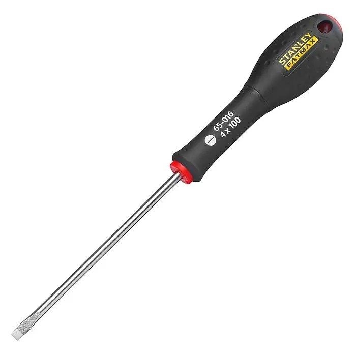 Stanley FatMax Schraubendreher - SL 4 mm, Klingenlänge: 100 mm - Stanley Fatmax Schraubendreher mit flachem Kopf, ideal für präzise Arbeiten und Reparaturen. Robuster Griff für optimalen Halt und effiziente Kraftübertragung.