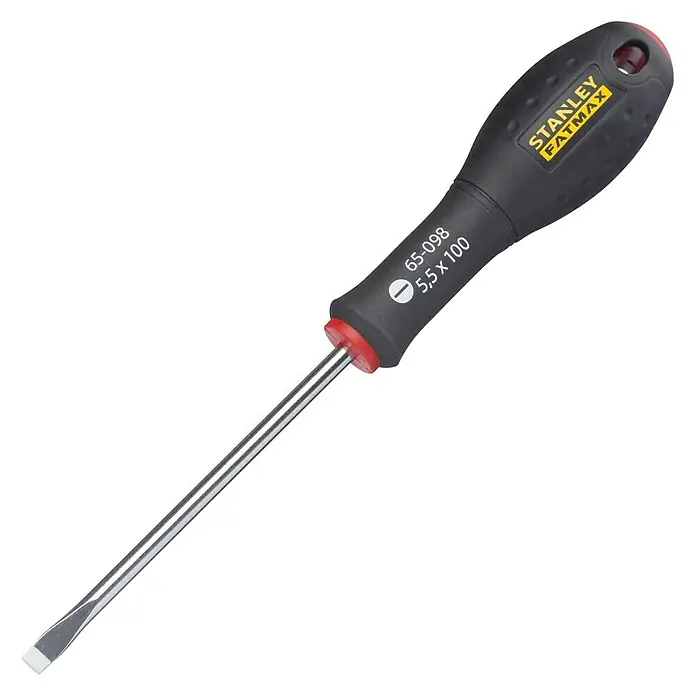 Stanley FatMax Schraubendreher - SL 5,5 mm, Klingenlänge: 100 mm - Ein Stanley Fatmax Schlitzschraubendreher mit schwarzem Griff und silberner Klinge, ideal für präzise Schraubarbeiten im Alltag.