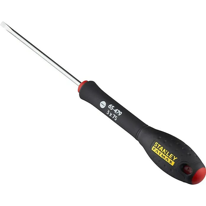 Stanley FatMax Schraubendreher - SL 3 mm, Klingenlänge: 75 mm - Stanley Fatmax Schlitzschraubendreher mit schwarzem Griff und rotem Ende, ideal für präzise Schraubarbeiten.