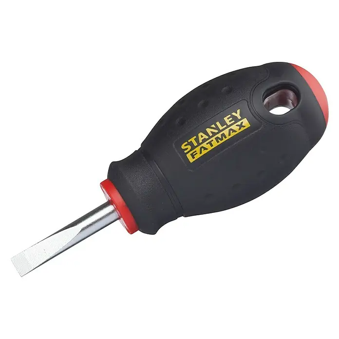 Stanley FatMax Schraubendreher - SL 5 mm, Klingenlänge: 30 mm - Nahaufnahme eines Stanley Fatmax Schlitzschraubendrehers mit kurzem Schaft und ergonomischem Griff.