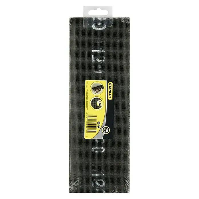 Stanley Schleifgitter - Körnung: 120, 300 x 105 mm, 10 Stk. - Das Bild zeigt Schleifgitter von Stanley (10 Stück, Körnung 120), verpackt in Plastik, mit gelb-schwarzer Stanley-Verpackung.