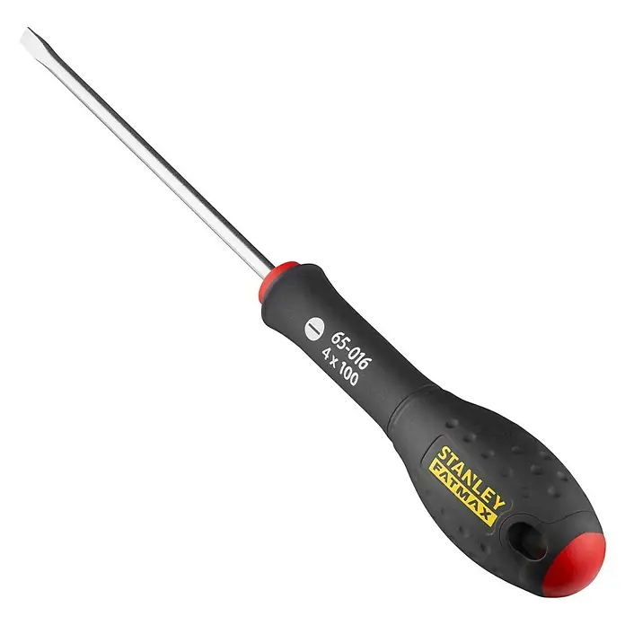 Stanley FatMax Schraubendreher - SL 4 mm, Klingenlänge: 100 mm - Nahaufnahme eines Schlitzschraubendrehers von Stanley Fatmax mit schwarzem Griff und rotem Ende vor schwarzem Hintergrund.
