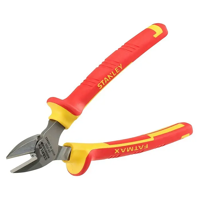 Stanley FatMax Seitenschneider VDE 0-84-009 - Länge: 16 cm - Stanley FatMax Seitenschneider mit roten und gelben Griffen vor schwarzem Hintergrund. Präzisionswerkzeug für den professionellen Einsatz.
